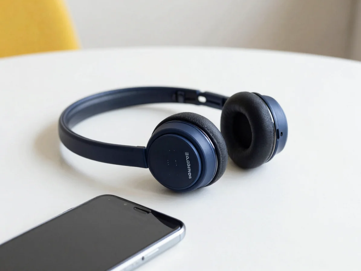 Fones de ouvido e smartphone sobre mesa clara, luz natural difusa
