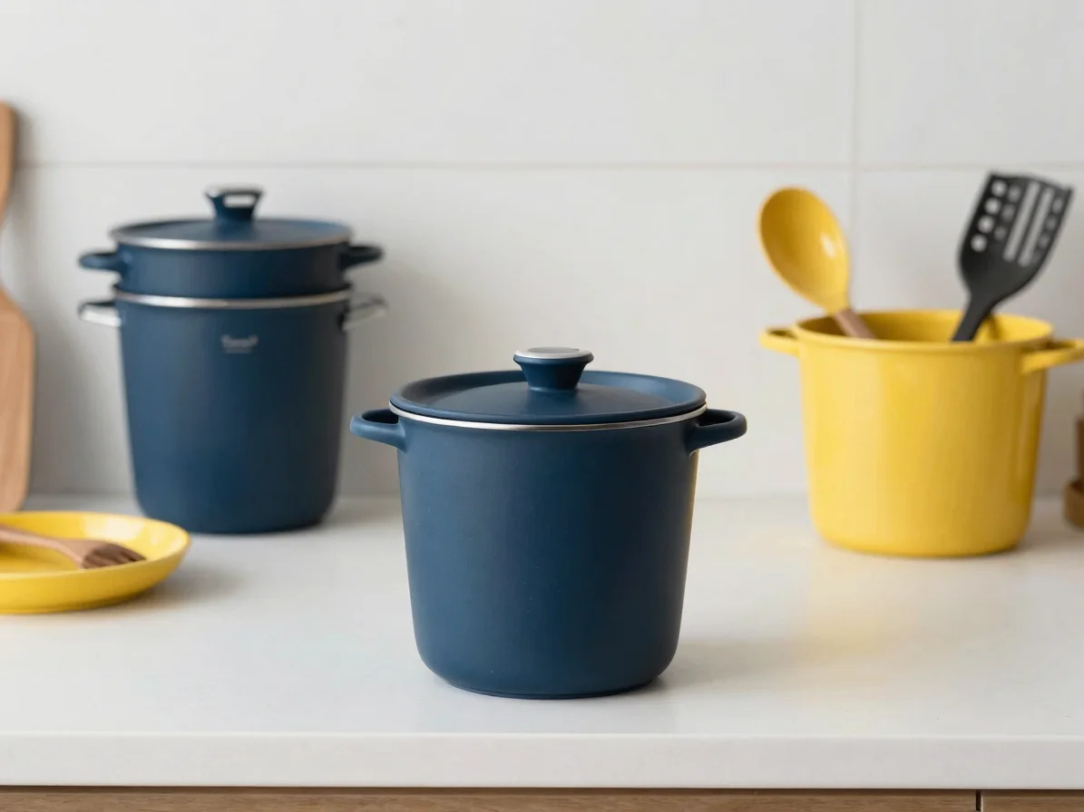 Panela e utensílios de cozinha sobre bancada clara, luz natural d