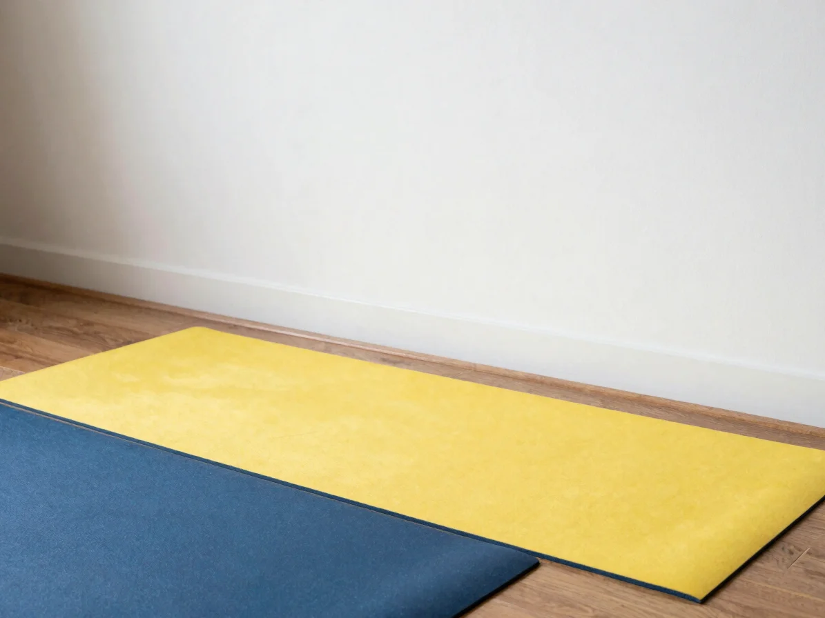 Halteres e tapete de yoga em ambiente doméstico iluminado, luz na