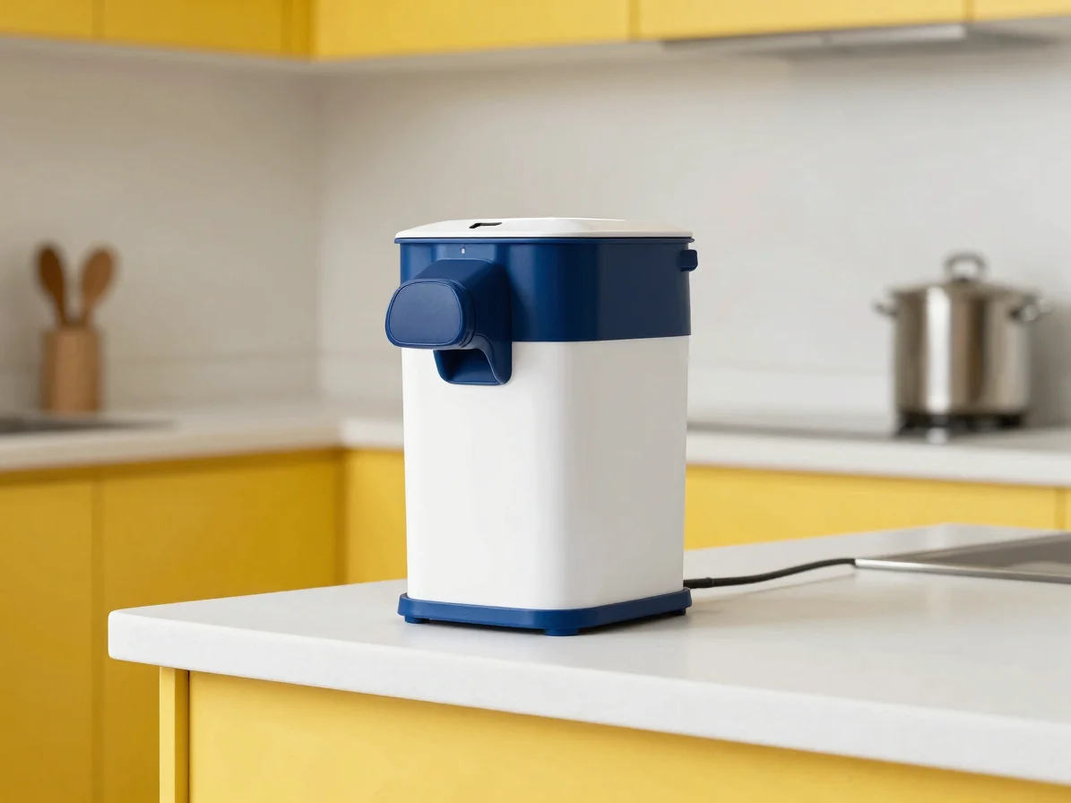 Liquidificador de bancada em cozinha clara, luz natural difusa, f